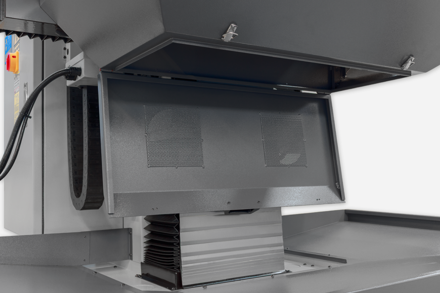 Klappbare Tischverkleidung mit Öffnungsklappe unterm Tisch.