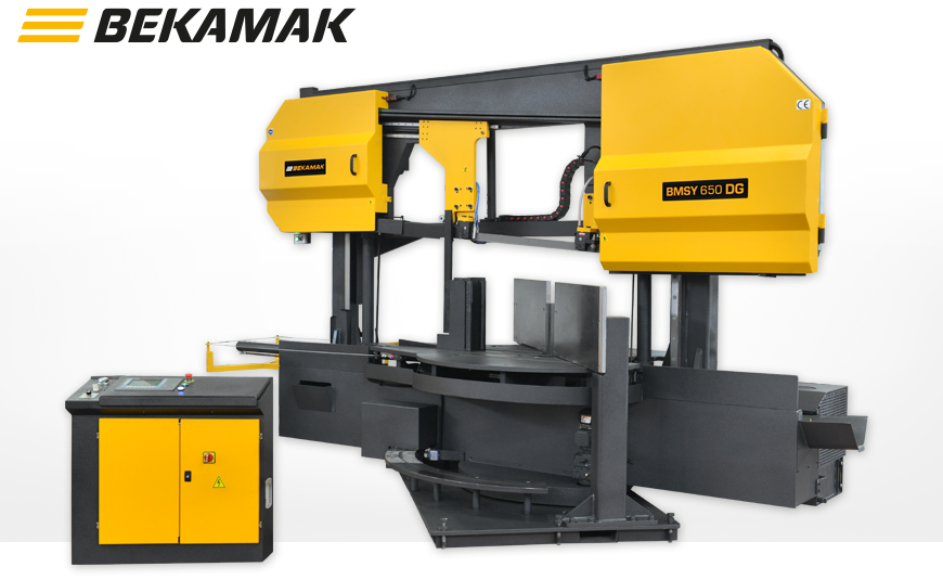 Halbautomatische NC-gesteuerte Horizontal-Doppelgehrungsbandsäge BEKA-MAK BMSY 650 DG mit NC-gesteuerter Drehplatte